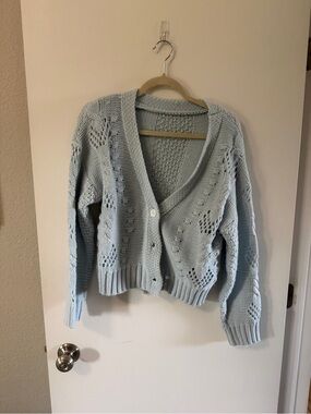 Francesca's Collections Pale Blue Open-Knit V-Neck Cardigan
